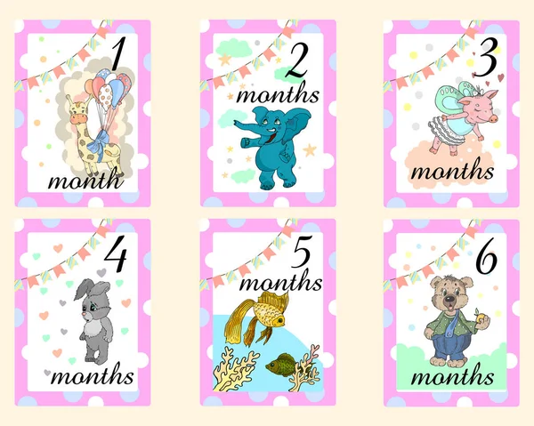 Baby Months Cards for boy. Set of cute stickers with animals — Stock Vector