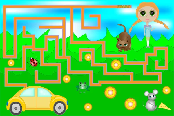 Vector Maze Game with Car and Girl. Game for children — Stock Vector