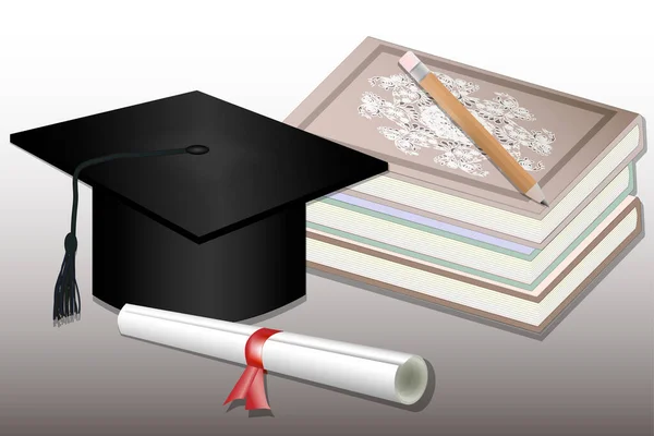 Graduation Mortaio Boards, libri, matita e diploma. Illustrazione vettoriale. — Vettoriale Stock