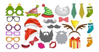 Fotoğraf Booth Props ve Yeni Yıl Partisi için Koleksiyon Defteri Vektörü Ayarlandı. Tatil tasarımı için Noel renklendirici unsur.