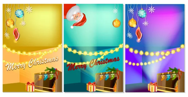 Set Three Vertical New Year Banners Christmas Cartoon Home Interior — Stock Vector