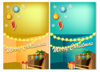 Noel karikatürlü dikey yeni yıl afişleri sıcak şömineli ev içi. Tebrik metnin için ayrıntılı vektör kartı