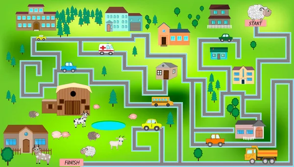 Cartoon Map Seamless Pattern Farm Roads Cars Houses City Map — Stock Vector