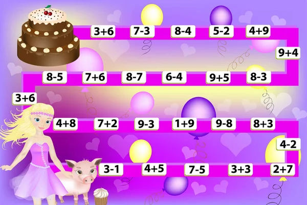 Μαθηματικό Παιχνίδι Ένα Όμορφο Κορίτσι Και Ένα Γουρούνι Υπολογίστε Παραδείγματα — Διανυσματικό Αρχείο