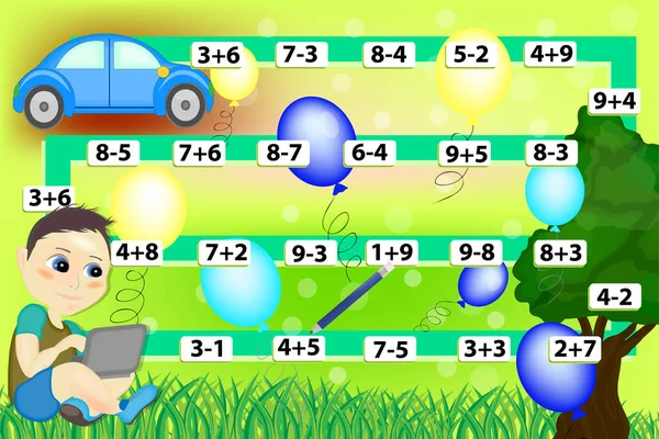 Çocuk Arabayla Matematik Oyunu Çocuklar Için Eğitici Oyunlar Örnekleri Hesapla — Stok Vektör