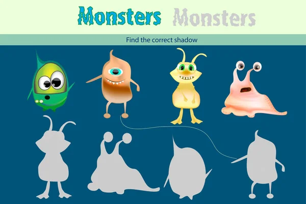 Utbildningsspel För Barn Hitta Rätt Skugga Med Monster Roliga Monster — Stock vektor