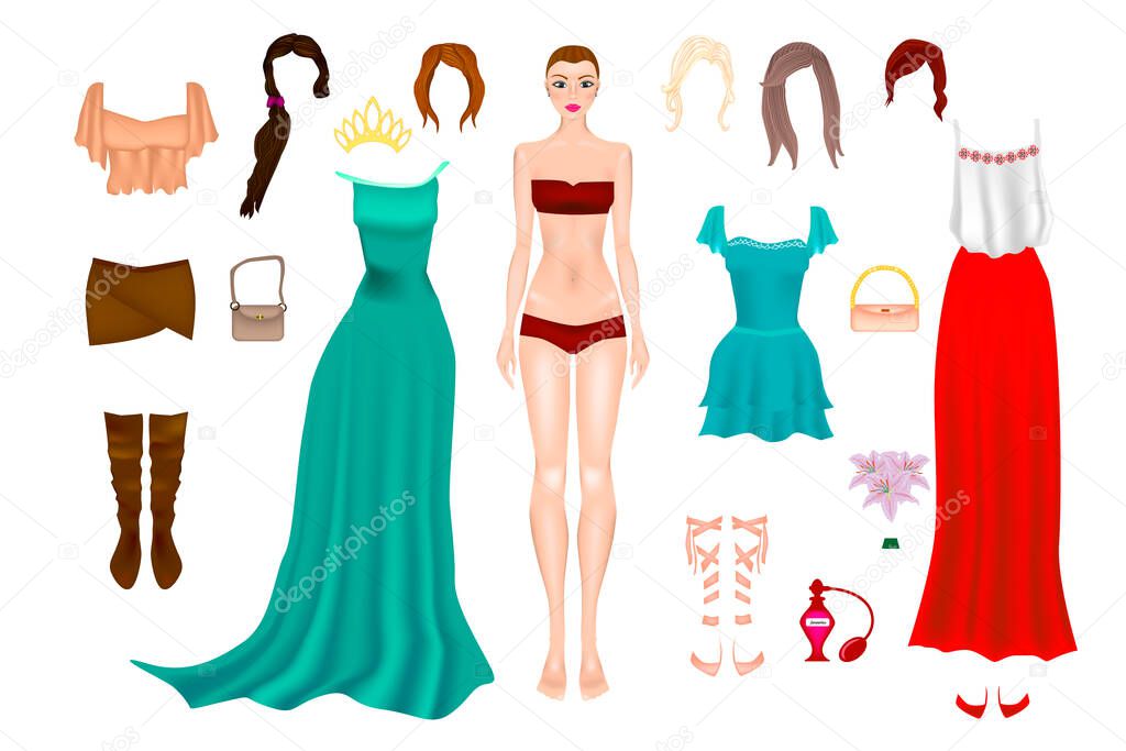 Paper Doll With Clothes, Shoes And Different Hairstyle. Body templates