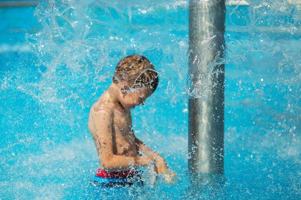 Happy Kid Playing Blue Water Swimming Pool Tropical Resort Sea — Stock Photo, Image