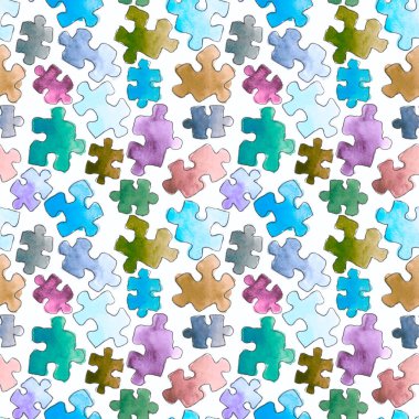 desen sorunsuz arka plan bulmaca. Bulmacanın parçaları. Suluboya elle çizilmiş şekil. Çizgi film puzzle sorunsuz duvar kağıdı