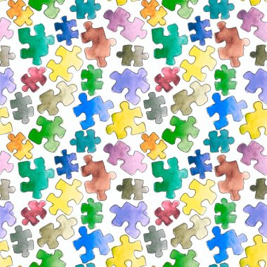 desen sorunsuz arka plan bulmaca. Bulmacanın parçaları. Suluboya elle çizilmiş şekil. Çizgi film puzzle sorunsuz duvar kağıdı