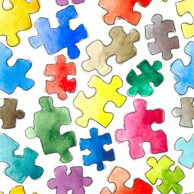 desen sorunsuz arka plan bulmaca. Bulmacanın parçaları. Suluboya elle çizilmiş şekil. Çizgi film puzzle sorunsuz duvar kağıdı