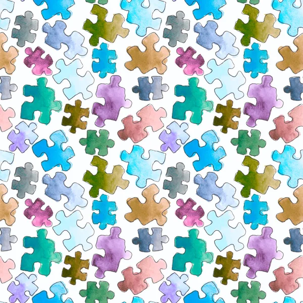 puzzle pattern seamless background. Pieces of puzzle. Watercolor hand drawn illustration. Cartoon puzzle Seamless wallpaper