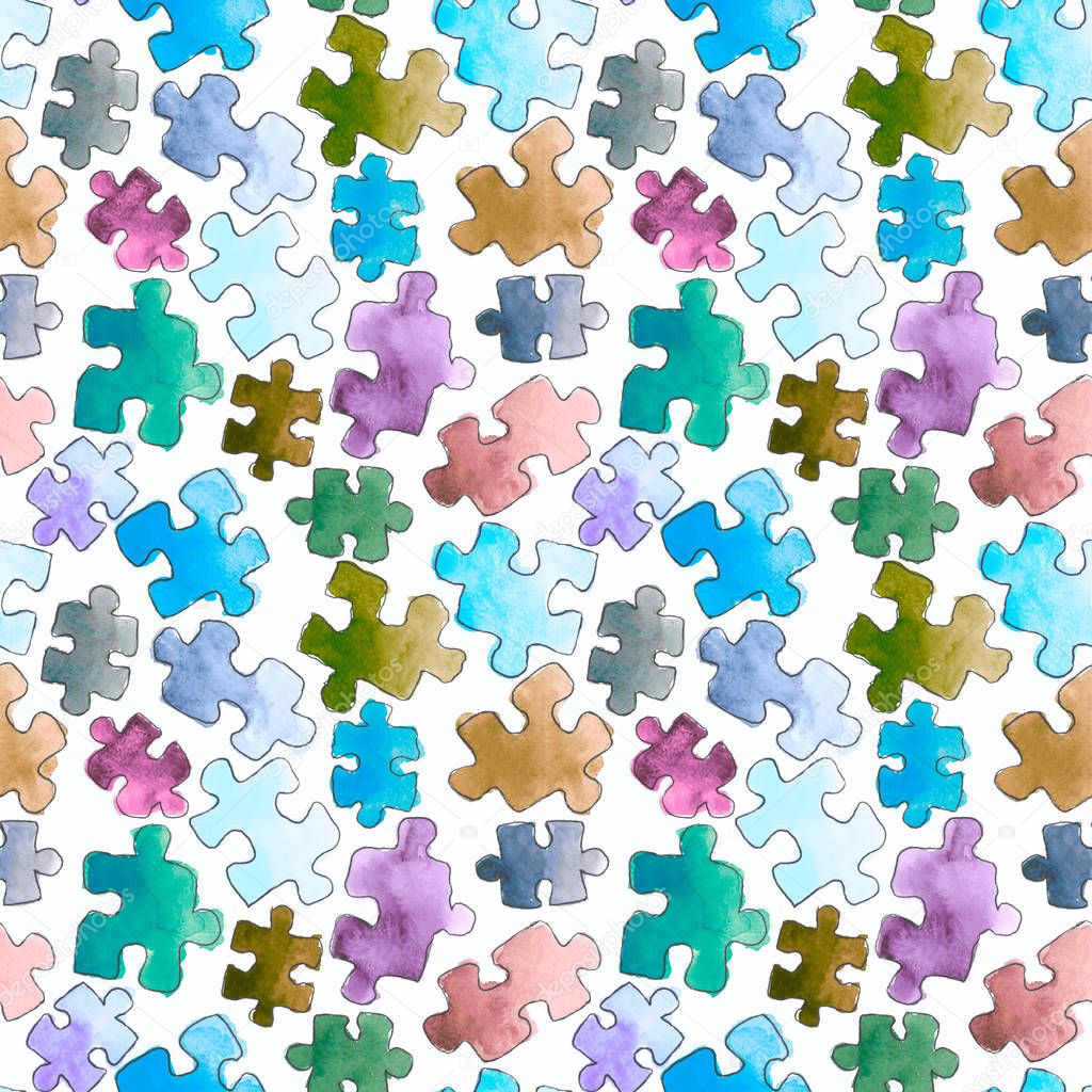 puzzle pattern seamless background. Pieces of puzzle. Watercolor hand drawn illustration. Cartoon puzzle Seamless wallpaper