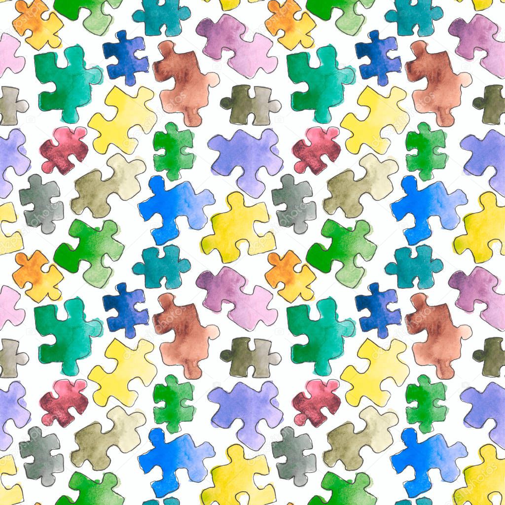 puzzle pattern seamless background. Pieces of puzzle. Watercolor hand drawn illustration. Cartoon puzzle Seamless wallpaper