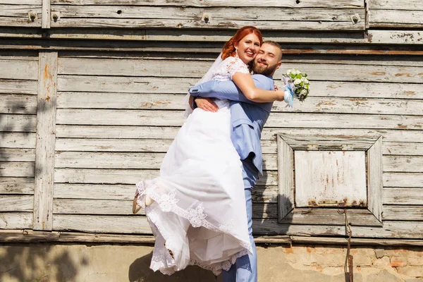 Just Married Loving Hipster Couple Wedding Dress Suit Posing Front — Stock Photo, Image