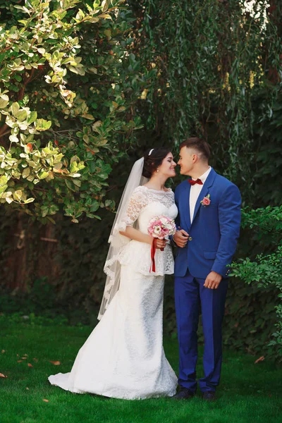 Apenas Casado Casal Hipster Amoroso Vestido Noiva Terno Parque Noiva — Fotografia de Stock