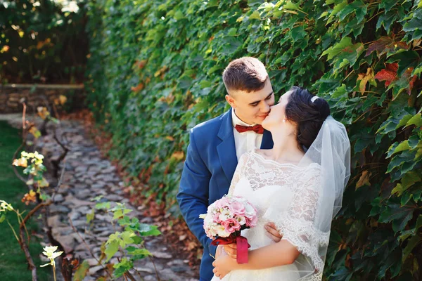 Apenas Casado Casal Hipster Amoroso Vestido Noiva Terno Parque Noiva — Fotografia de Stock