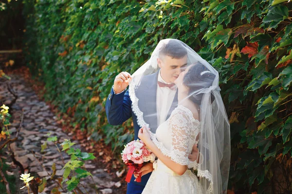 Просто Одружився Люблячою Парою Хіпстерів Весільній Сукні Костюмі Парку Щаслива — стокове фото