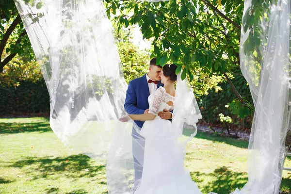 Просто Одружився Люблячою Парою Хіпстерів Весільній Сукні Костюмі Парку Щаслива — стокове фото