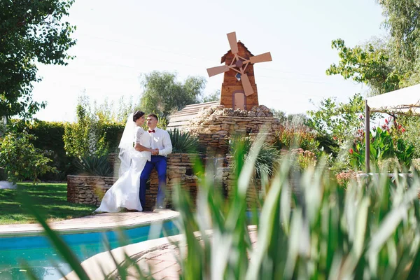 Apenas Casado Casal Hipster Amoroso Vestido Noiva Terno Parque Noiva — Fotografia de Stock