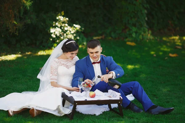Jen Milující Bokovky Manželé Svatební Šaty Obleky Parku Šťastná Nevěsta — Stock fotografie