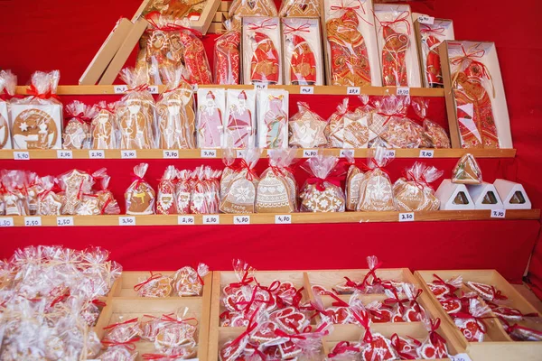 Fechar Barraca Mercado Natal Viena Áustria Pão Gengibre Natal Num — Fotografia de Stock