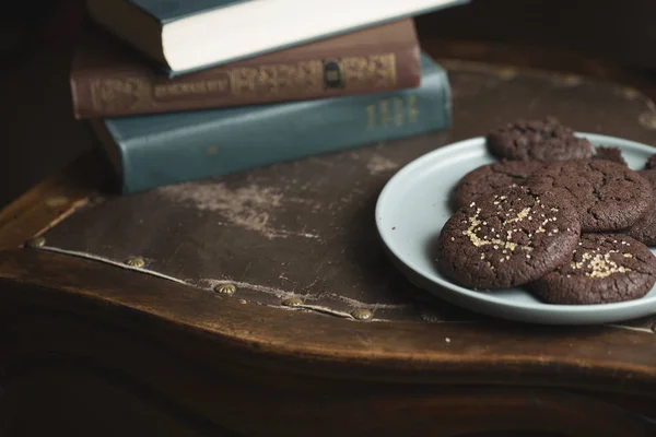 Chocolate Cookies Plate Dark Moody Mystic Light Food Photography — Stock Photo, Image
