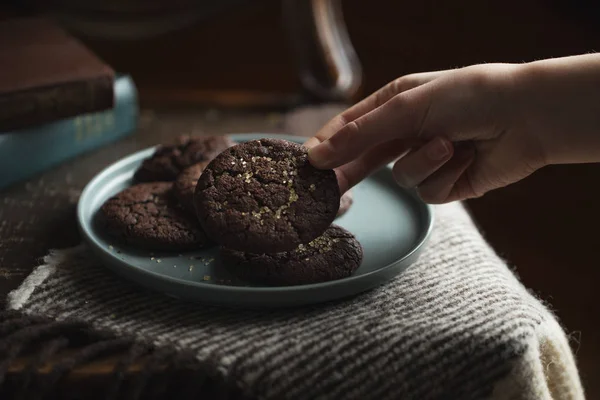 Chocolate Cookies Plate Dark Moody Mystic Light Food Photography Children — Stock Photo, Image