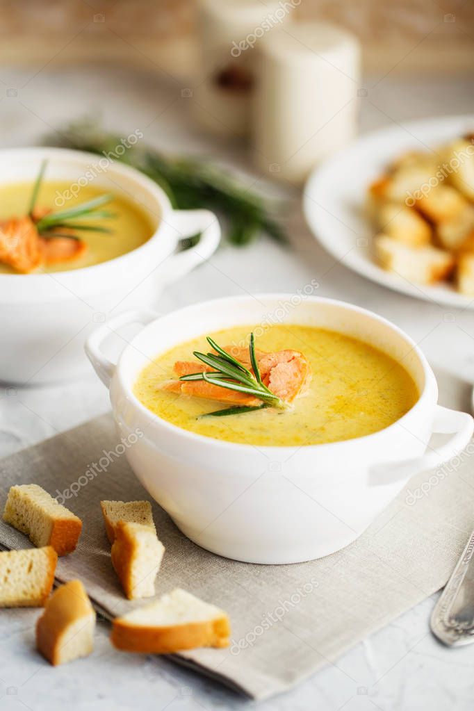 Fish cream soup with Salmon, cheese, Potatoes and herbs