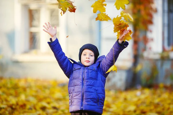 Portrait of happy joyful beautiful little boy outdoors at the au — Stock Photo, Image