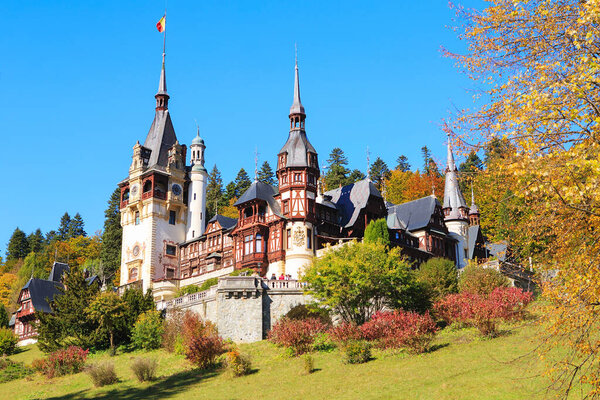 Peles Castle, Romania. Beautiful famous royal castle and ornamen