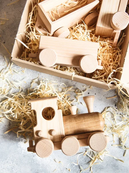 Children Wooden Toys Children Wooden Train Wagons Box Sawdust Natural — Stock Photo, Image