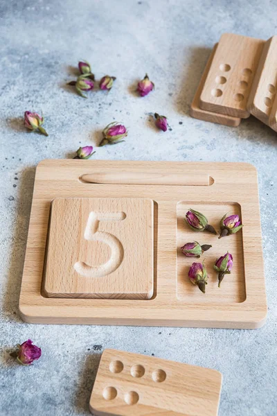Wooden counting and writing trays - learning resource for educating littles on number writing, fine motor skills, hand eye coordination, mathematical skills. Wooden kids toys. Counting math game