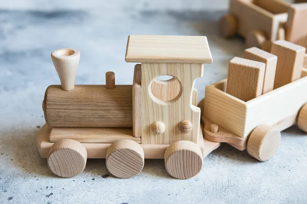 Children Wooden Toys Children Wooden Train Wagons Natural Wood Construction — Stock Photo, Image