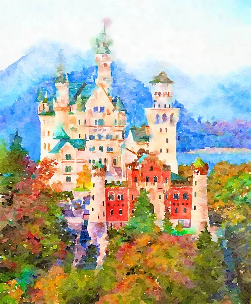 Αρχική Ζωγραφική Ακουαρέλα Του Διάσημου Κάστρου Neuschwanstein Στη Βαυαρία Γερμανία — Φωτογραφία Αρχείου