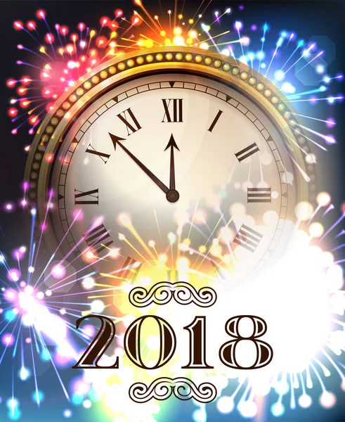 2018 Πρωτοχρονιά Πυροτεχνήματα Μεσάνυχτα Λαμπρό Φόντο Ρολόι Θάμπωμα Φωτοβολίδα Πανό — Διανυσματικό Αρχείο