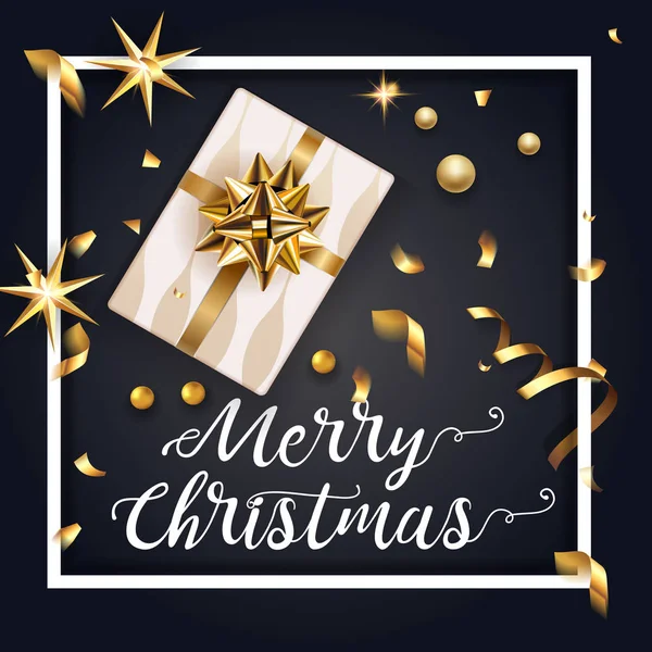 Vánoční pozdrav černá karta s dárkovou krabičkou a zlatou mašlí a dárkem. Šťastný Nový rok dekorace s konfety a lehkou girland. Vánoční typografické pozadí se zlatými hvězdami a prvky. Vektor — Stockový vektor