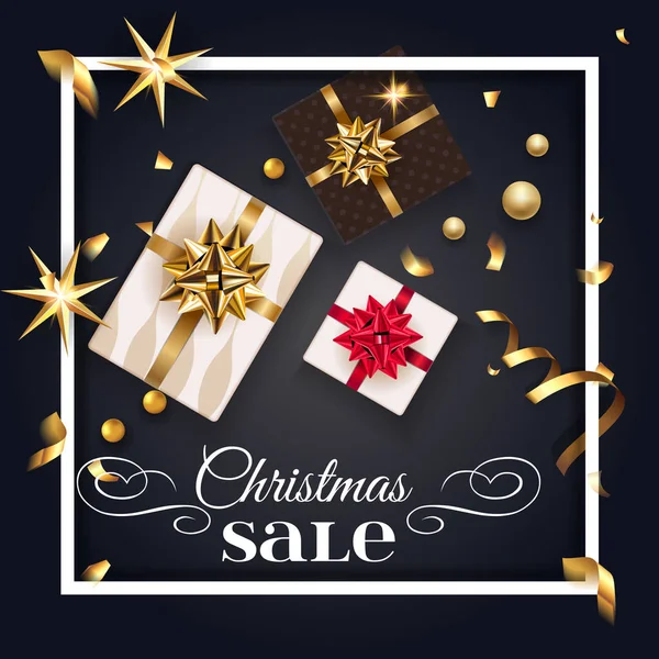 Χριστουγεννιάτικη αφίσα πώλησης με κουτί δώρου και χρυσό φιόγκο, χριστουγεννιάτικο δέντρο. Καλή Πρωτοχρονιά διακόσμηση με κομφετί και ελαφριά γιρλάντα. Χριστουγεννιάτικο τυπογραφικό φόντο με κλαδιά ελάτης και στοιχεία. Διάνυσμα — Διανυσματικό Αρχείο