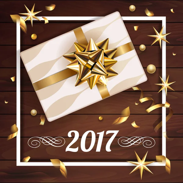 白色礼品盒上有漂亮的金弓 圣诞快乐 新年快乐 具有字体和装饰元素的复古背景卡片向量 Eps — 图库矢量图片