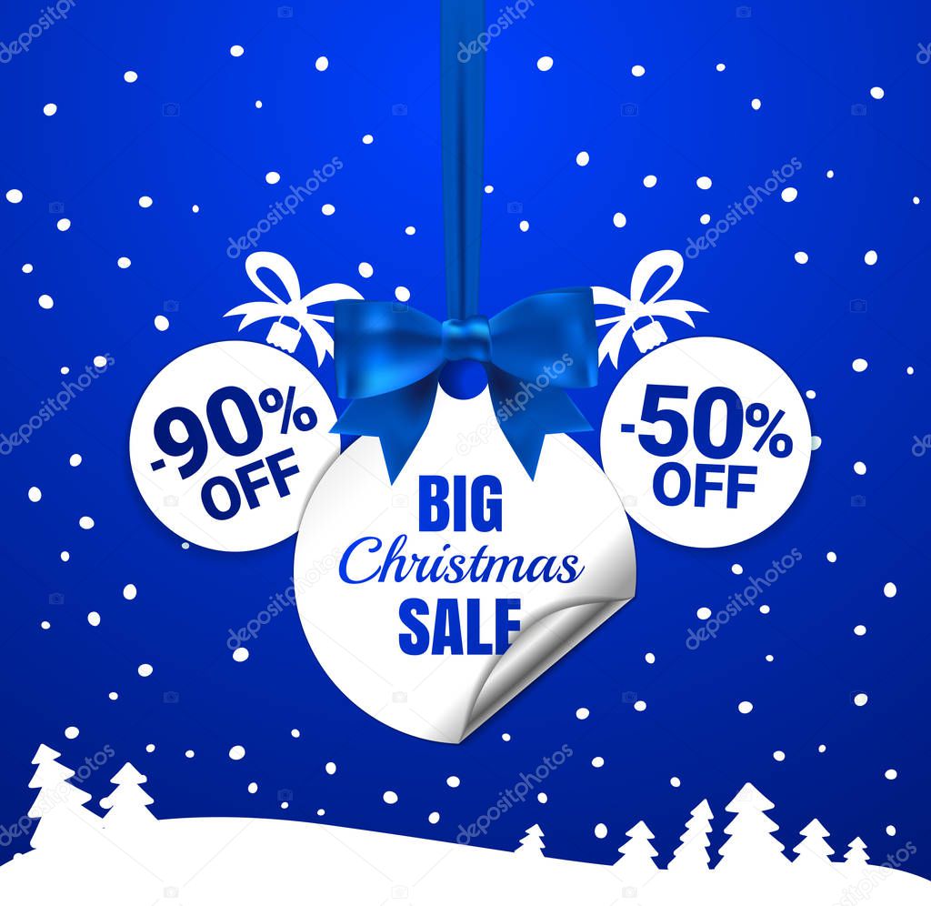 Big Christmas sale. White christmas balls with a paper round corner and cyan bow. Winter offer tag. New year holiday  Web-banner or poster for e-commerce, on-line cosmetics shop, store. Vector