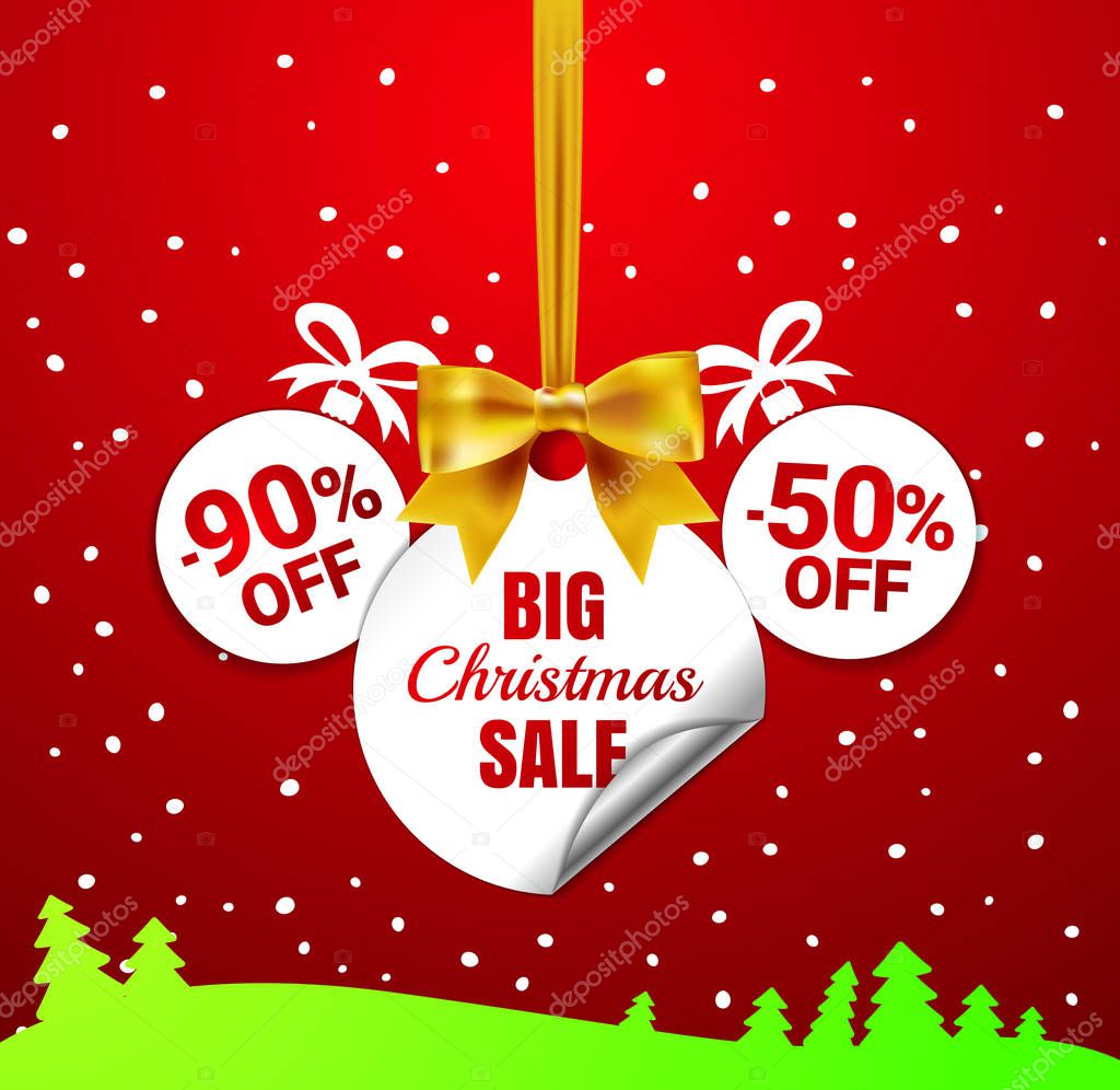Big Christmas sale. White christmas balls with a paper round corner, gold bow and tree. Winter offer tag. New year holiday  Web-banner or poster for e-commerce, on-line cosmetics shop, store. Vector