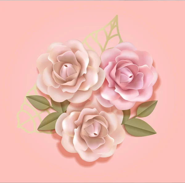 Élégantes roses beige et rose pêche avec des feuilles dorées dans un fond luxueux rose clair, composition flover en papier dans un style 3D illustration vectorielle réaliste. SPE 10 — Image vectorielle