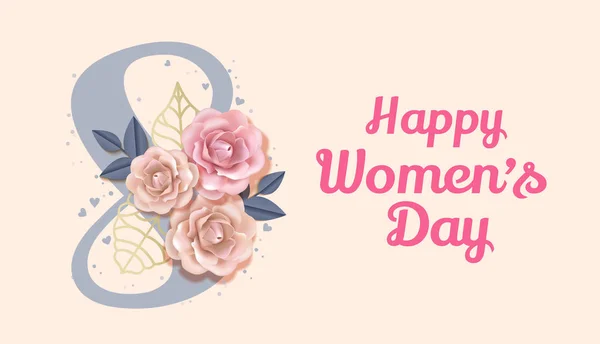 Happy International Womens dag vektor banner, Flyer för 8 mars dekorera med papper rosor och handritade bokstäver. Gratulerande och önskar Happy Holiday Card för nyhetsbrev, broschyrer, vykort — Stock vektor