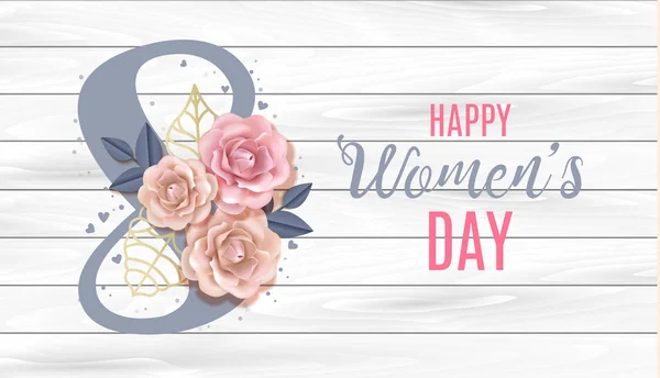 Happy International Womens Day Vector Banner, flyer for March 8 decorating by paper roses and hand drawn lettering in woodden background. Congratulations holiday card for letter, brochure, postcard — Stock Vector