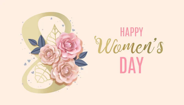 Happy International Womens Day Vector Banner, volante para el 8 de marzo decorado con rosas de papel y letras dibujadas a mano. Felicitando y deseando feliz tarjeta de vacaciones para el boletín de noticias, folletos, postales — Vector de stock