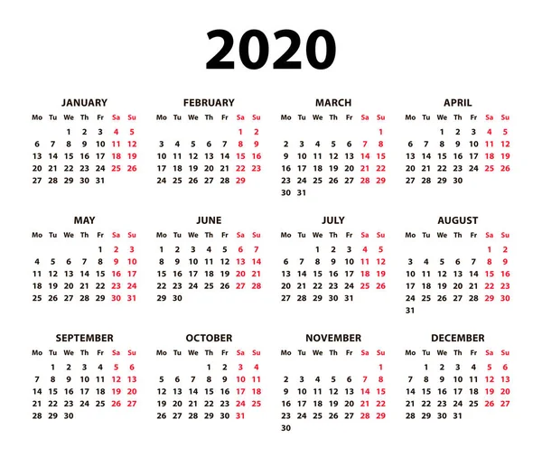 Kalender 2020 vector Basic grid. Eenvoudige ontwerpsjabloon. Zwart-wit mock up kalender. Week begint maandag. Vector illustratie. EPS 10 — Stockvector