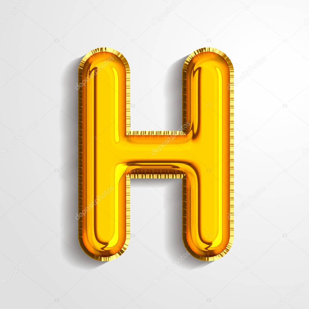 Gold metallic helium alphabet balloon foil letter H realistic 3d render air balloon. Collection of golden balloon alphabet Vector illustration.