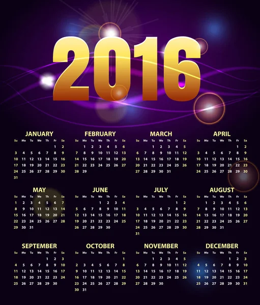Kalender voor 2016 op abstracte gouden glanzende achtergrond. Week begint zondag. Stijlvolle zwarte vectorsjabloon — Stockvector