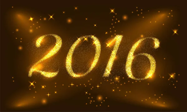 Золотая поздравительная открытка с Новым 2016 годом с золотыми буквами. Праздничный дизайн. Векторная иллюстрация. Плакат вечеринки, поздравительная открытка, баннер или приглашение. Число 2016, образованное пылью из светящегося золота — стоковый вектор
