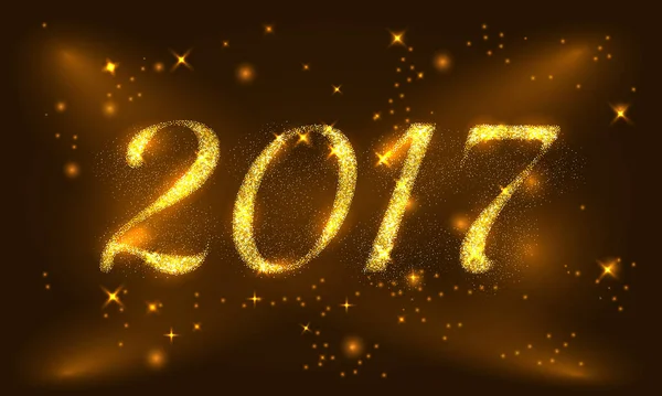 Feliz Año Nuevo 2017 Tarjeta de felicitación de oro con letras de oro brillo. Diseño de vacaciones. Ilustración vectorial. Cartel de fiesta, tarjeta de felicitación, banner o invitación. Número 2017 formado por polvo de oro brillante — Vector de stock